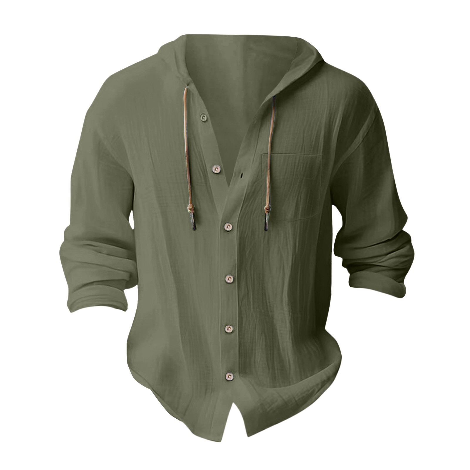 thumbnail image 4 of Camisa con capucha y botones de color liso para hombre: bolsillo en el pecho, corte holgado, tejido de poliéster, lavable a máquina, tallas S-XXXL, 4 of 4